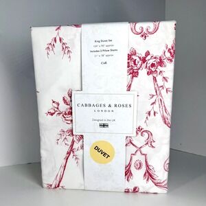 Cabbages Roses London King Duvet Cover Set Floral Toile Berry Red White